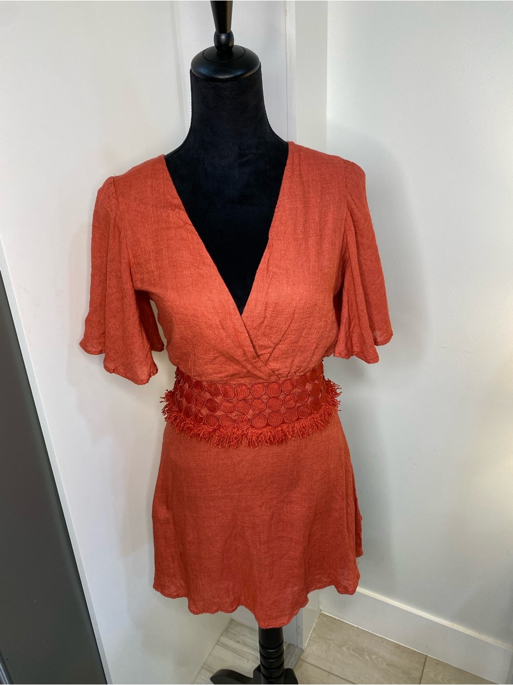Textured Rust Mini Wrap Dress with Fringe Waist